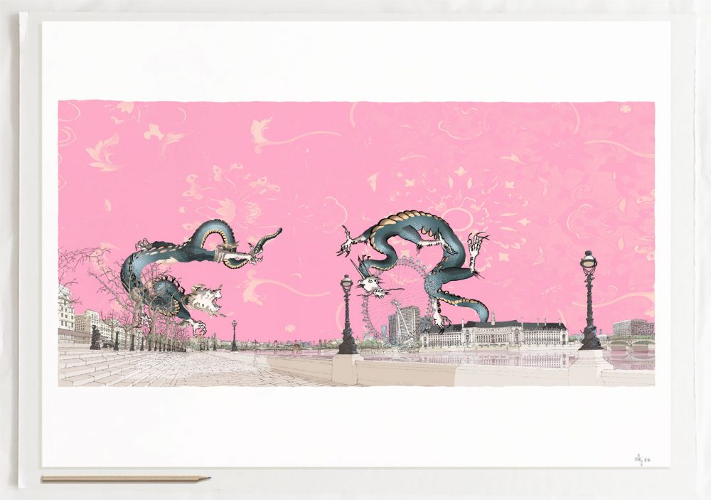 Art print by artist alej ez titled London Dragons over Thames River by Westminster