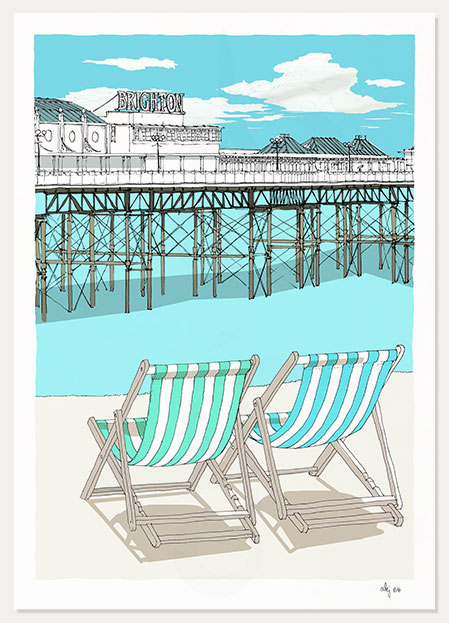 art print titled Brighton Beach Pier and Deck Chairs by artist alej ez