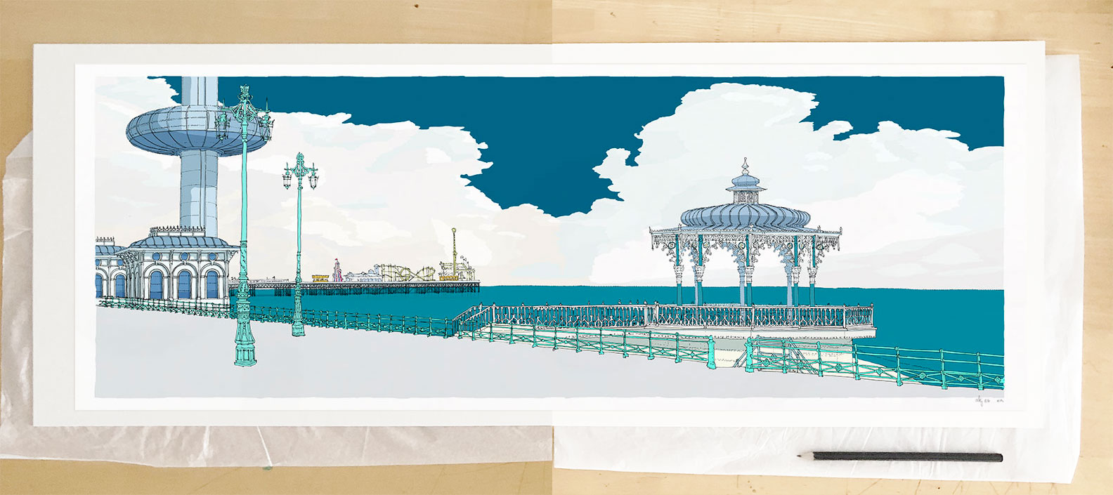 Fine art print by artist alej ez titled I360 Palace Pier Bandstand Ocean Blue