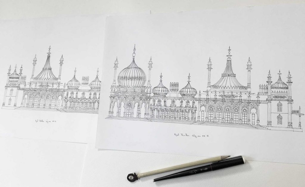base ink drawing for print named Brighton Royal Pavilion Life by artist alej ez