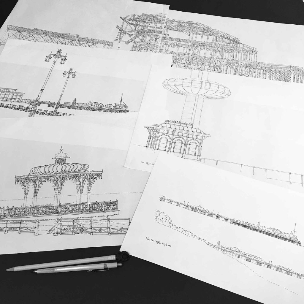 base drawings for print I360 Palace Pier Bandstand and West Pier Pebble Beach by artist alej ez