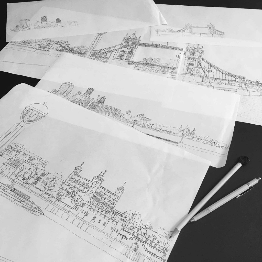  base ink drawing for panoramic print named London River Thames by Tower Bridge Pebble Beach by artist alej ez