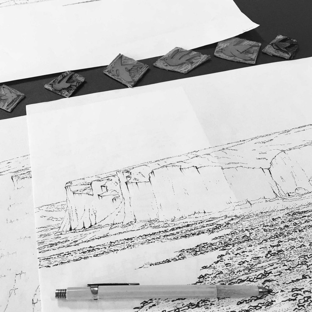 base ink drawings for Panoramic print named Birling Gap Starling Murmuration by artist alej ez showing a range of chalk cliffs and flying flock of birds