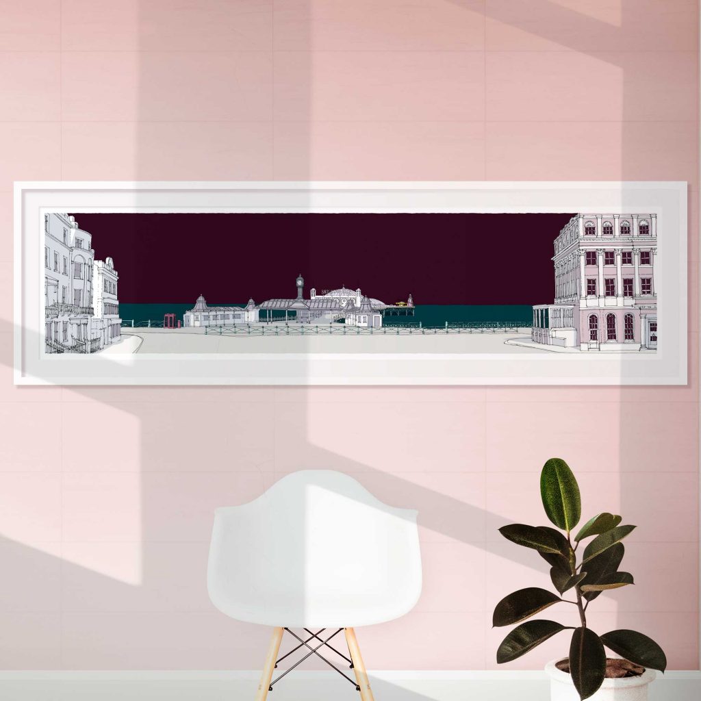 Room with Panoramic print called Brighton City Pier Mauve Sky by artist alej ez