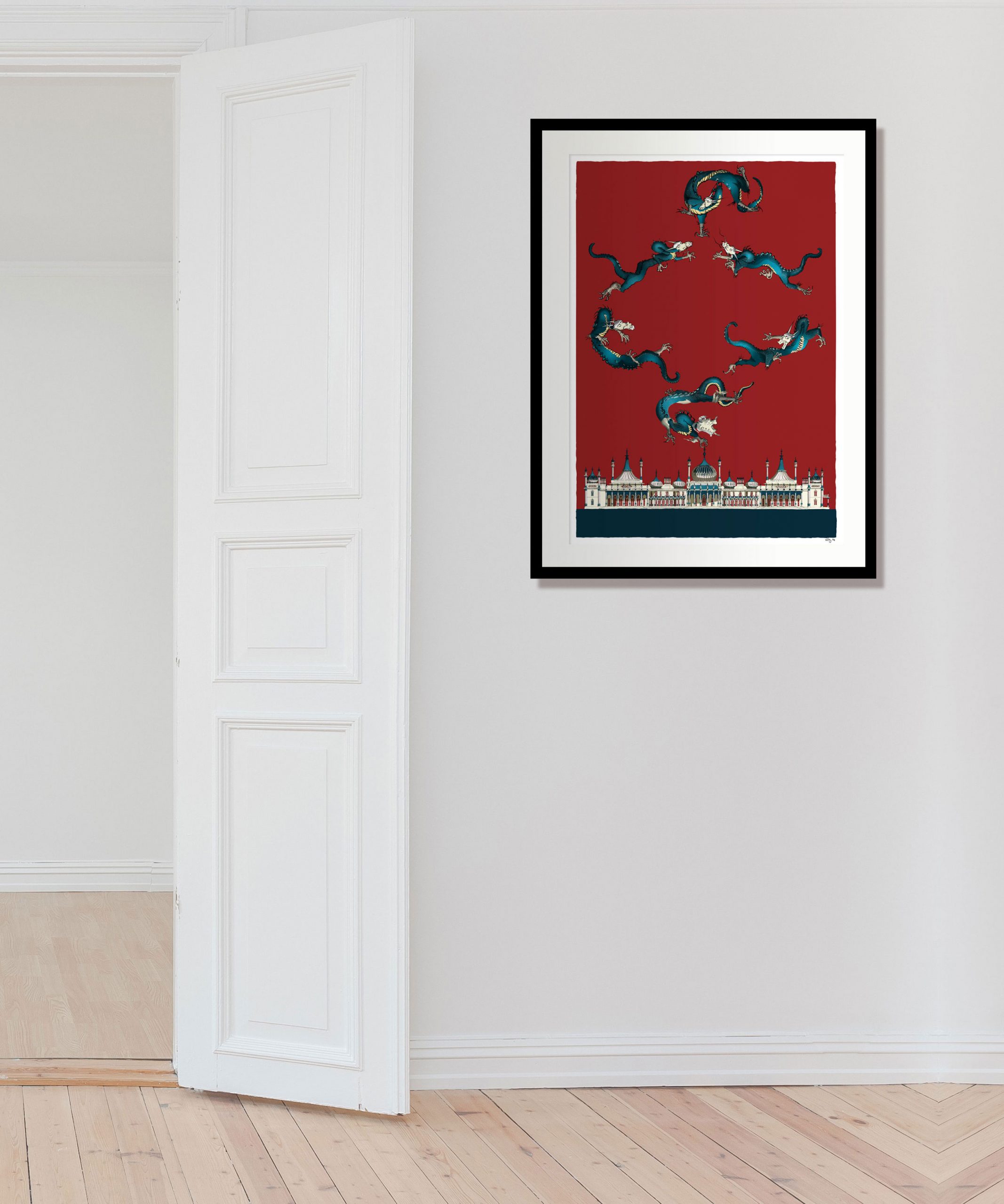 room with print named Chinoiseriez by artist alej ez deptics dragons flying over the Royal Pavilion in Brighton with a red sky