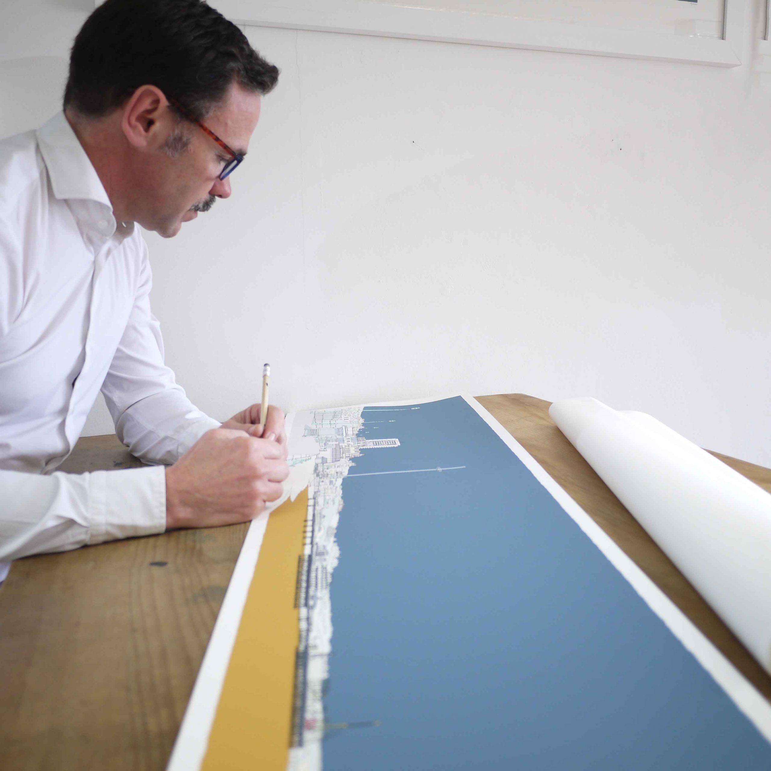 inspection of panoramic print named Hove Brighton Beach Promenade Antique Blue and Ochre by artist alej ez