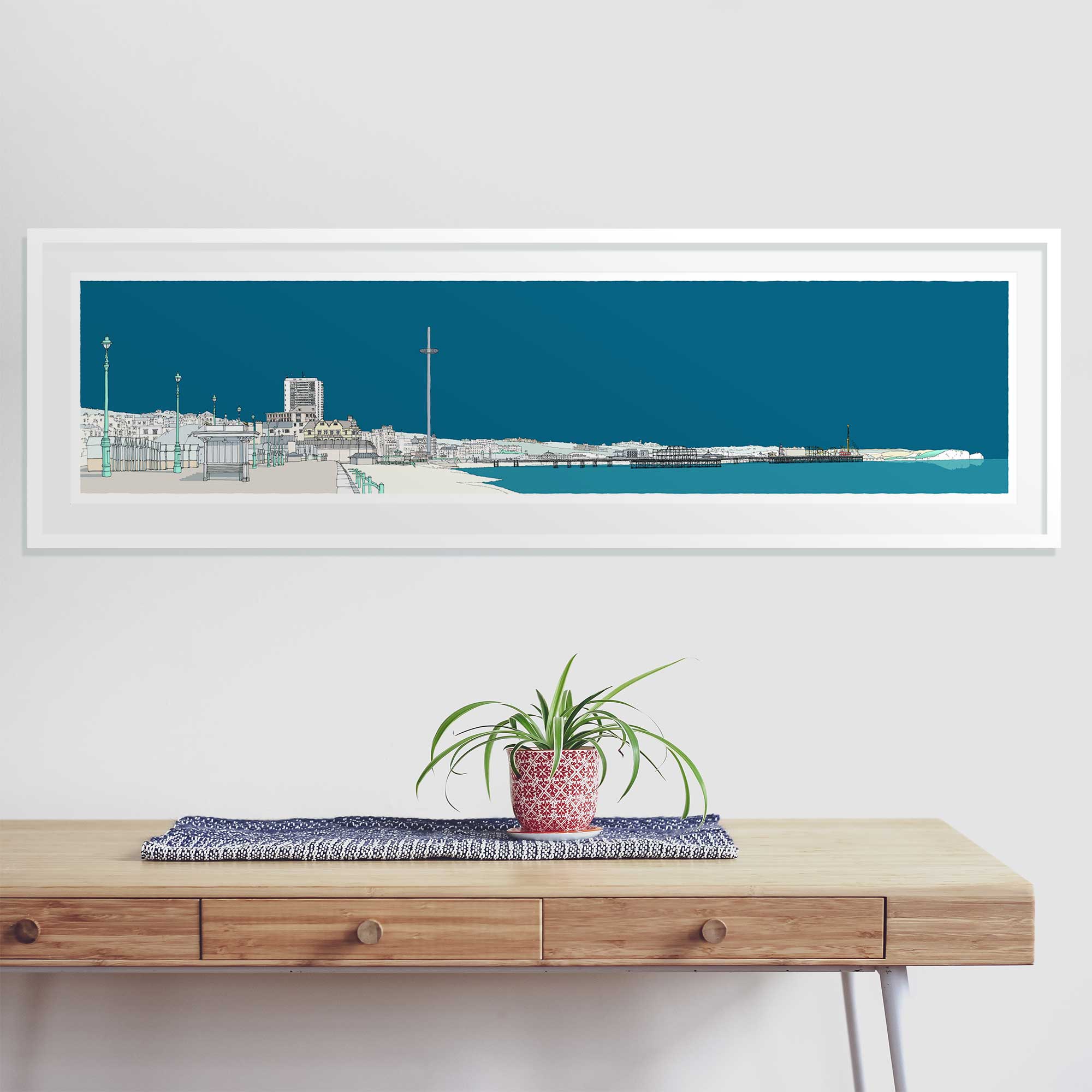 room with panoramic print named Hove Brighton Promenade Ocean Blue by artist alej ez