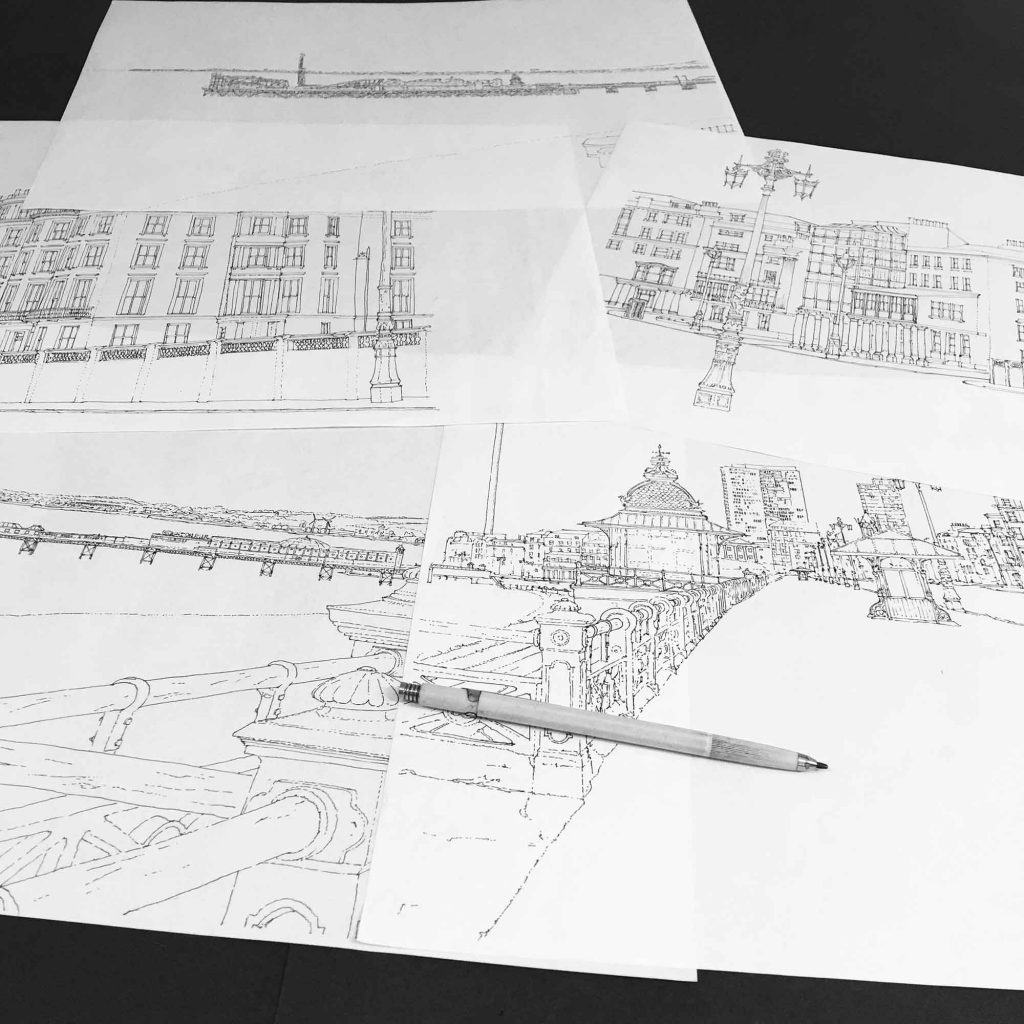 base ink drawings for panoramic print named Kemptown Brighton Promenade Ocean Blue by artist alej ez