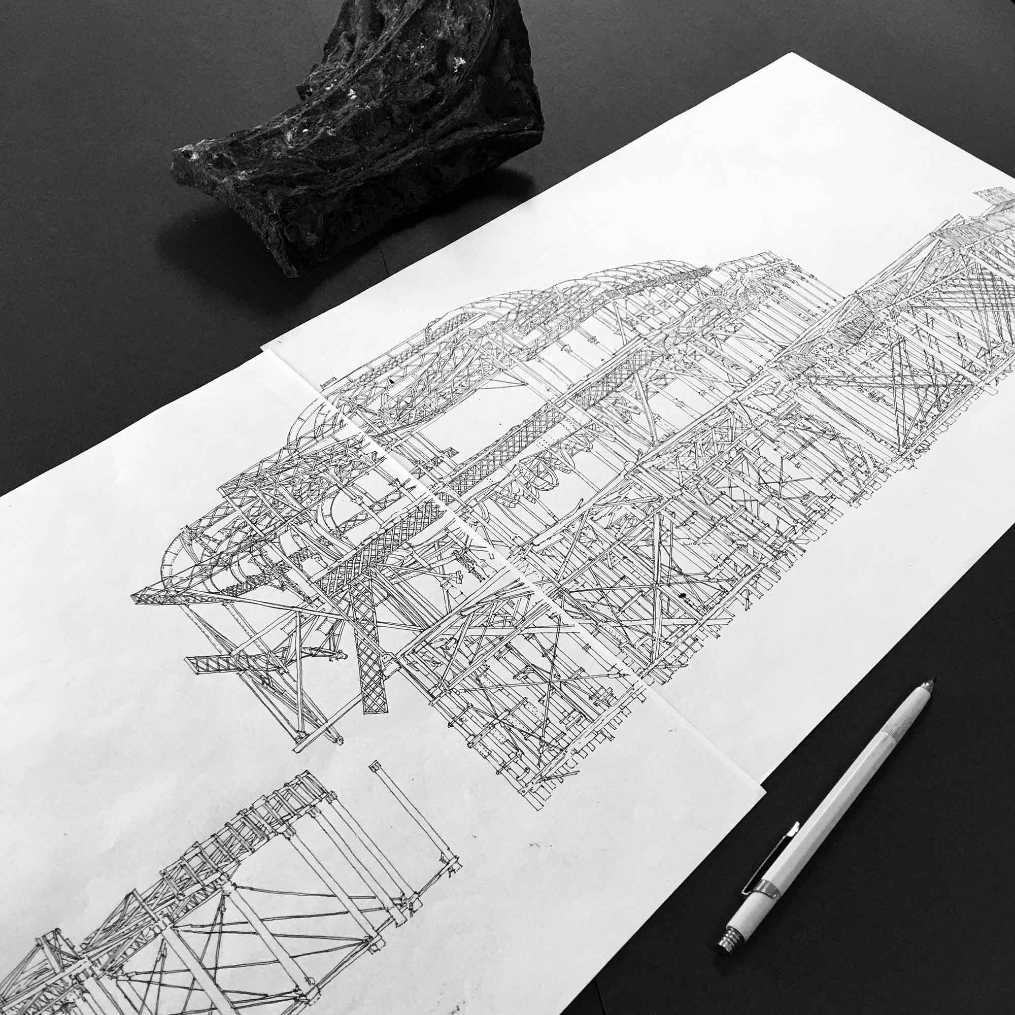 base ink drawing for panoramic print named West Pier Rampion Wind Farm Eventide by artist alej ez