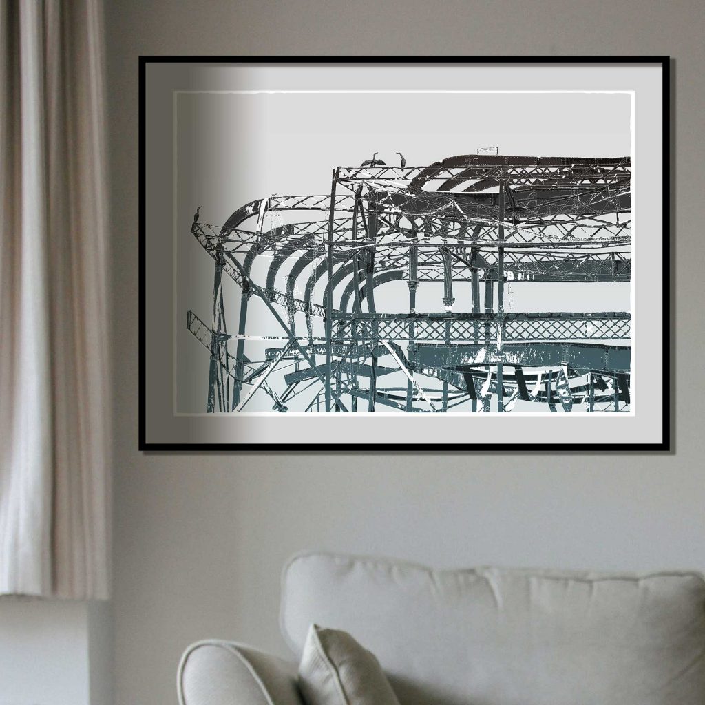 room with print named West Pier Cormorants by artist alej ez