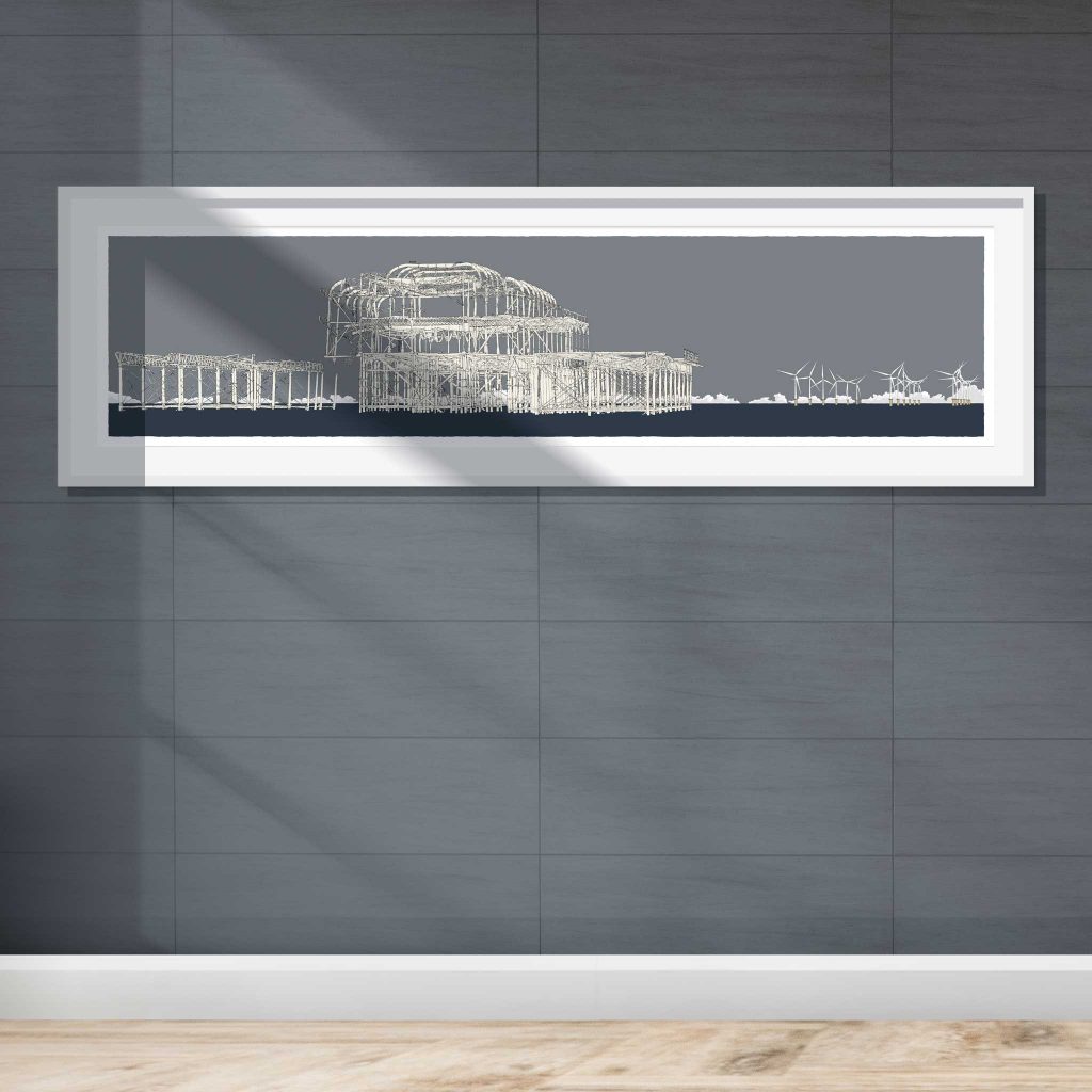 room with panoramic print named West Pier Rampion Wind Farm Silver Grey by artist alej ez