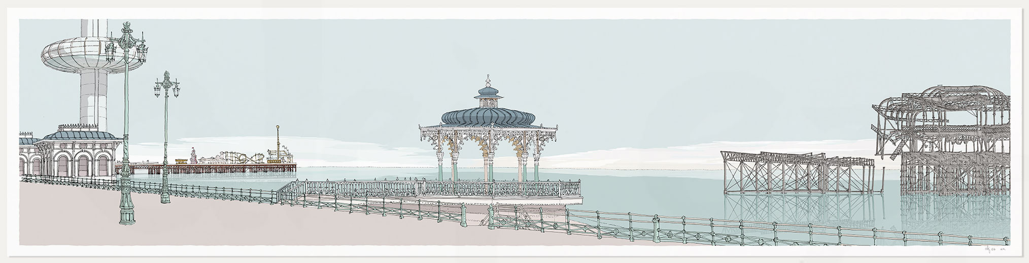 Fine art print named I360, Palace Pier, The Bandstand and The West Pier Pebble Beach by artist alej ez