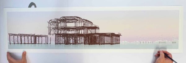 Art print by artist alej ez titled West Pier and Rampion Wind Farm Eventide
