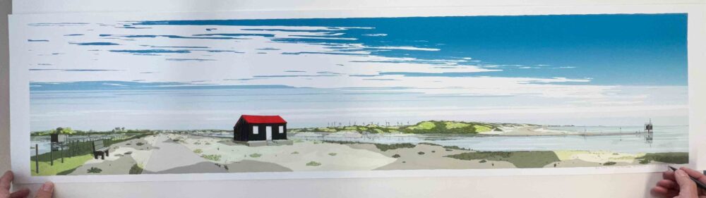 art print titled Red Roofed Hut Rye Harbour Camber Sands by artist alej ez