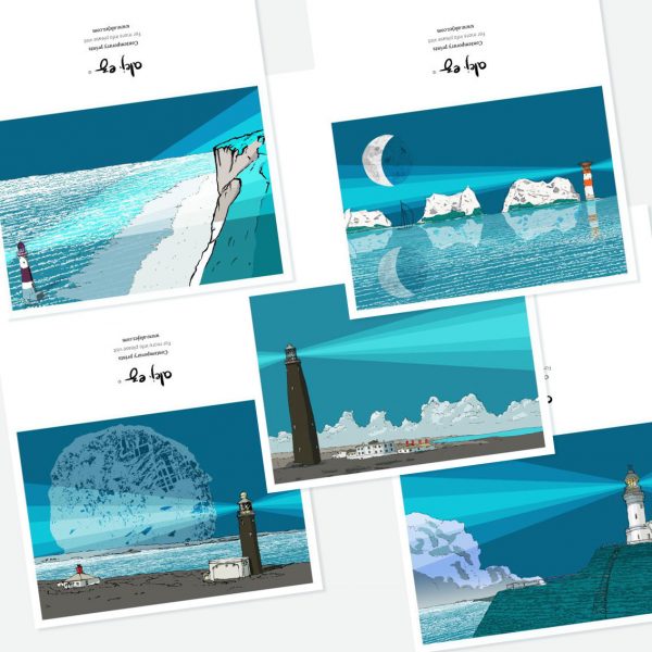 Lighthouses Reflections. 5 greeting cards set