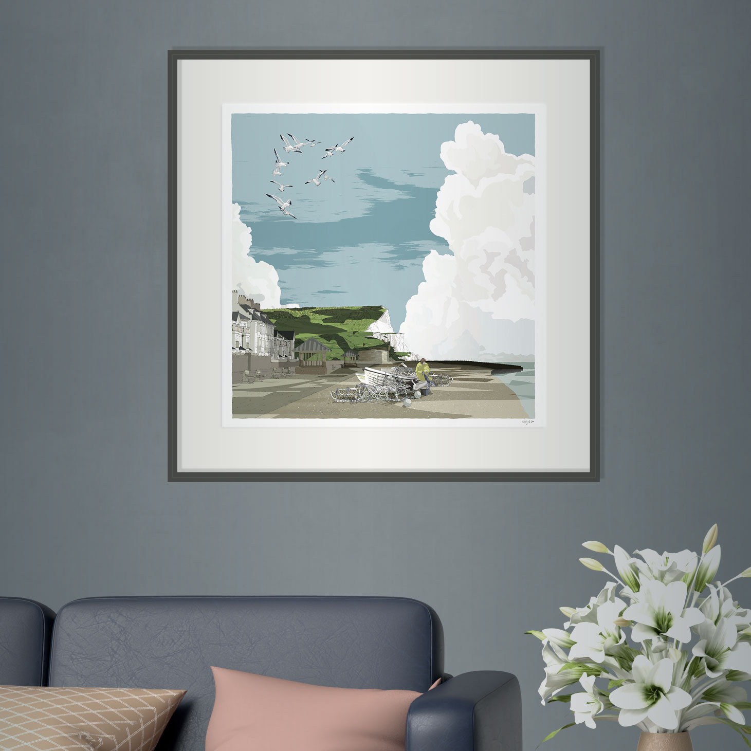 interior with framed art print named Seaford Head the Promenade and Fishing Boats by artist alej ez