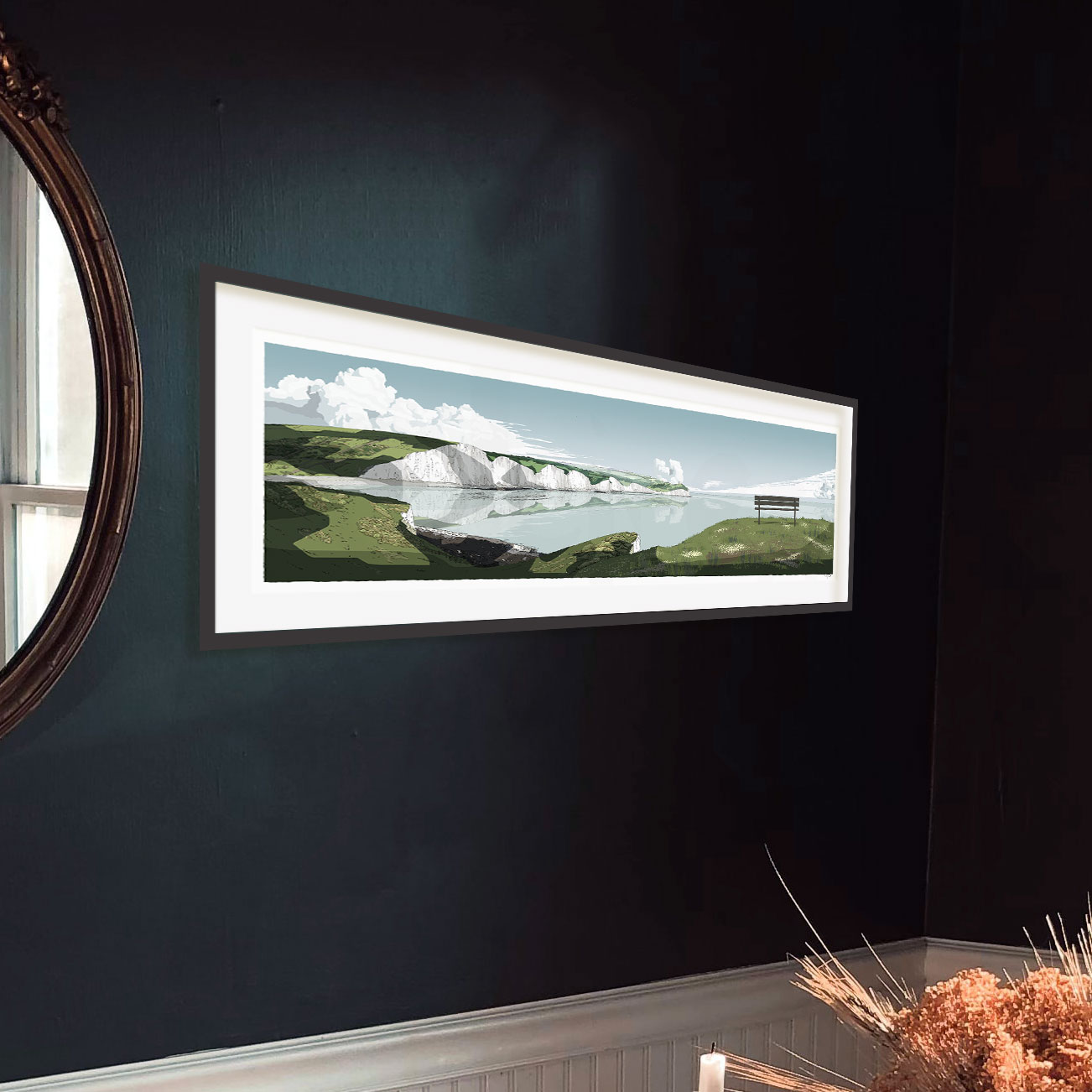 Interior with panoramic art print titled Seven Sisters Cliffs by artist alej ez