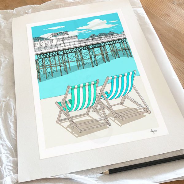 Fine art print by artist alej ez titled Brighton Beach Pier and Deck Chairs