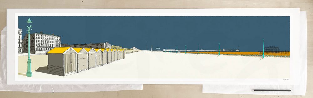 Fine art print by UK artist alej ez titled Palmeira Brunswick and the Two Piers Antique Blue and Ochre