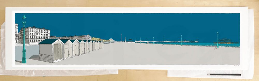 Fine art print by UK artist alej ez titled Adelaide, Beach Huts, Brunswick and the Two Piers Ocean Blue