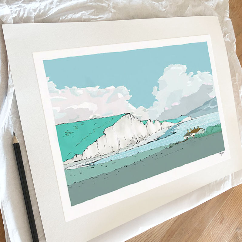 Fine art print by artist alej ez titled Coastguard Cottages Cuckmere Chalk Cliffs