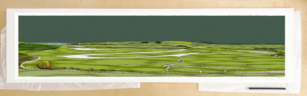Fine art print by UK artist alej ez titled Cuckmere Haven Valley Emerald Skies