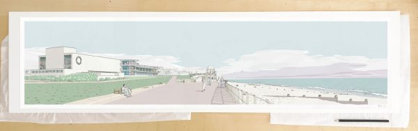 Fine art print by UK artist alej ez titled De la Warr Pavilion Bexhill on Sea Pebble Beach