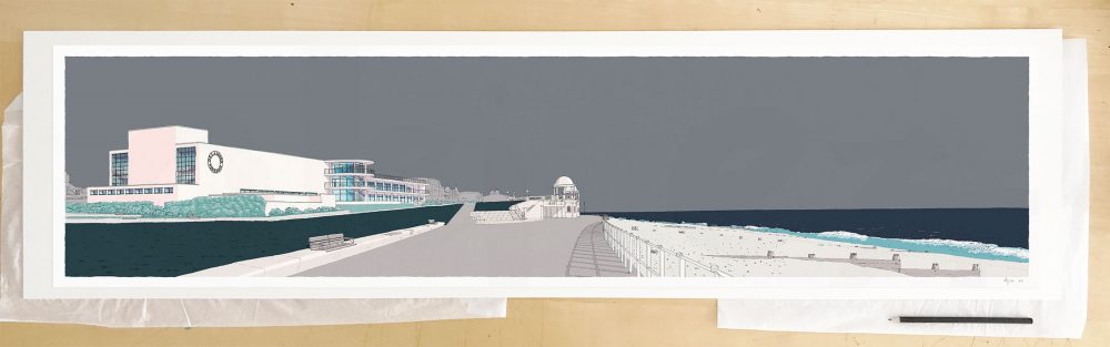 Fine art print by UK artist alej ez titled De la Warr Pavilion Bexhill on Sea Silver Grey