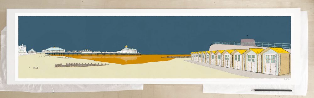 Fine art print by UK artist alej ez titled Eastbourne Pier and Huts Antique Blue and Ochre