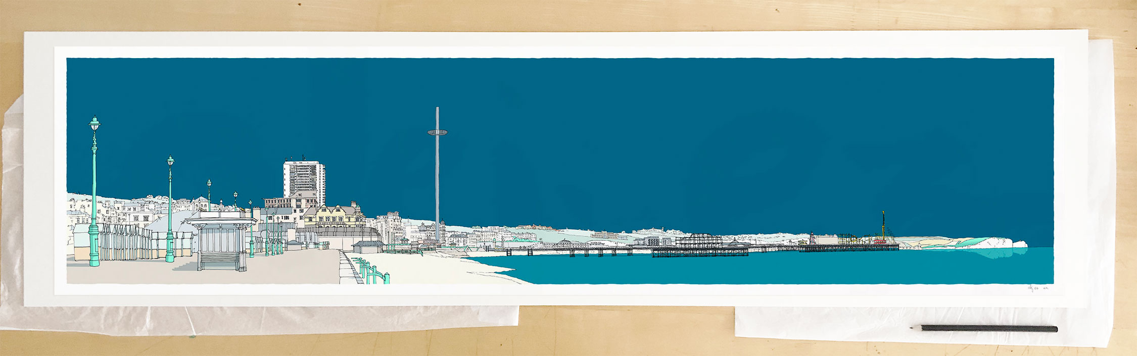 Fine art print by UK artist alej ez titled Brighton and Hove Seafront Ocean Blue