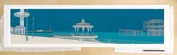 Fine art print by UK artist alej ez titled I360, Palace Pier, The Bandstand and West Pier Ocean Blue