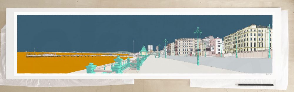 Fine art print by UK artist alej ez titled Kemptown Brighton Beach Promenade Antique Blue and Ochre