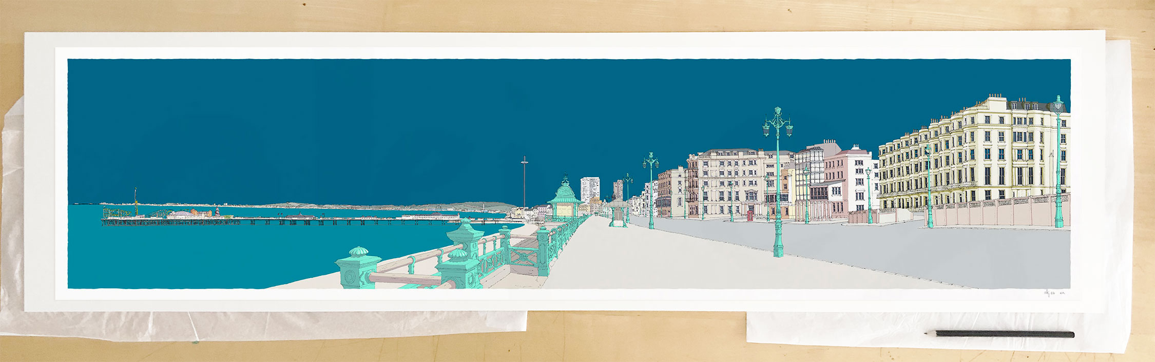 Fine art print by UK artist alej ez titled Kemptown Brighton Promenade Ocean Blue