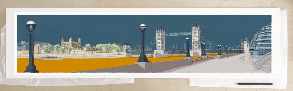 Fine art print by UK artist alej ez titled London River Thames by Tower Bridge Antique Blue and Ochre