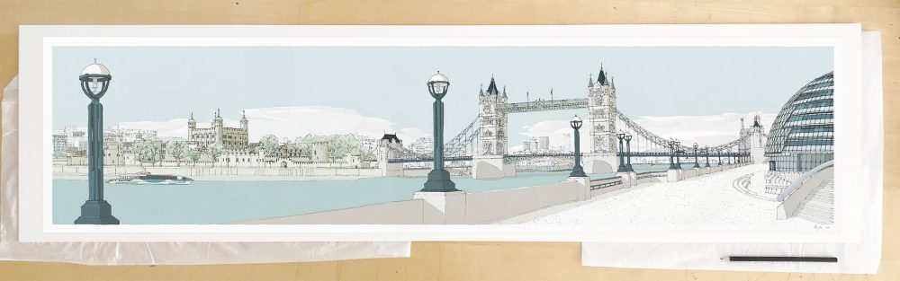 Fine art print by UK artist alej ez titled London River Thames by Tower Bridge Pebble Beach