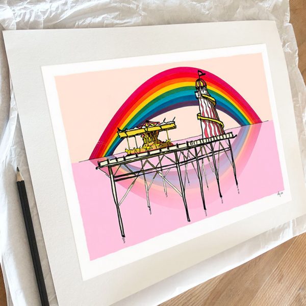 Fine art print by artist alej ez titled Rainbow over the Helter Skelter Brighton Palace Pier