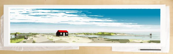 Fine art print by UK artist alej ez titled Red Roofed Hut Rye Harbour Camber Sands