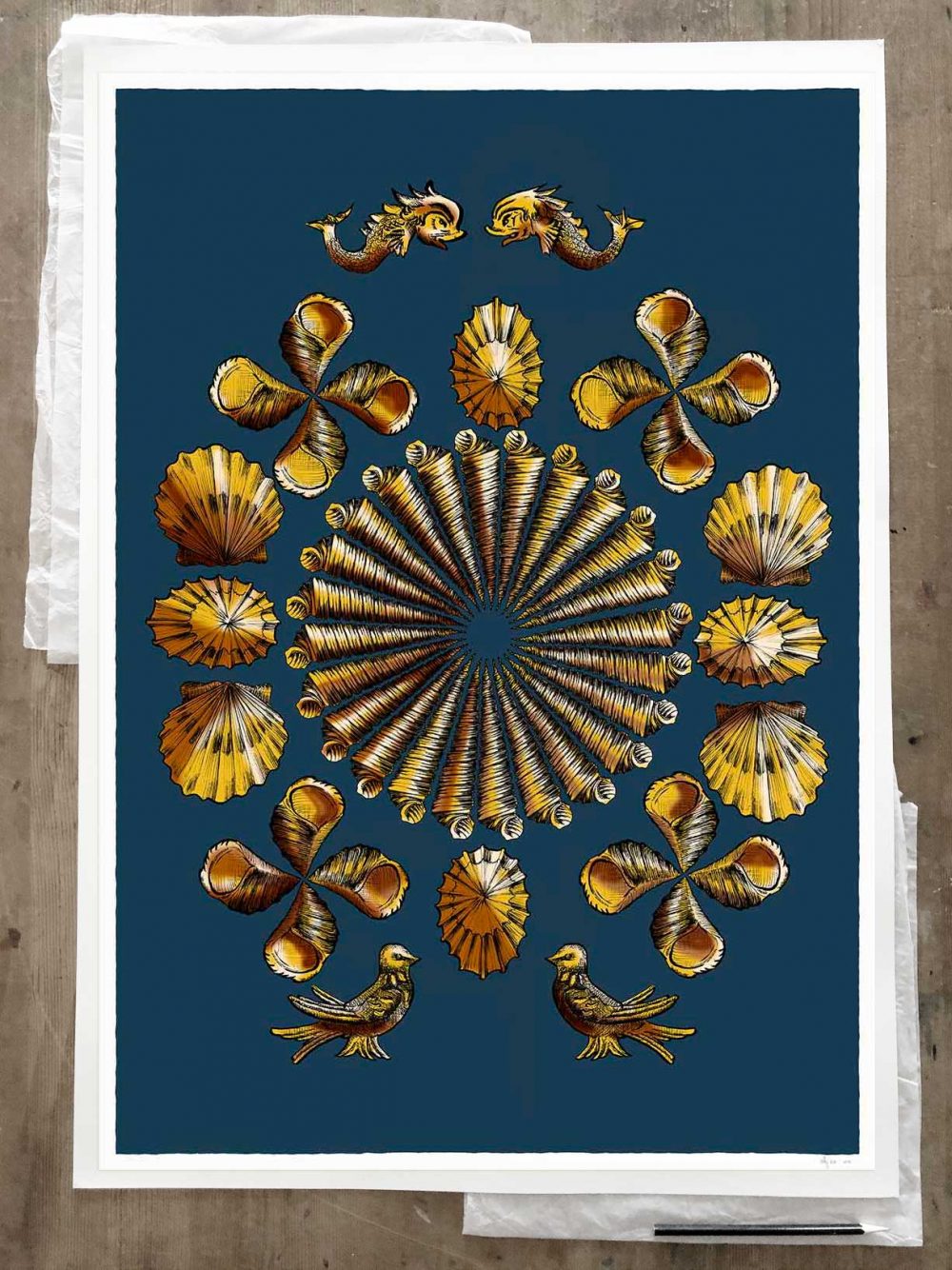 Fine art print by artist alej ez titled Shell Grotto Blue and Gold