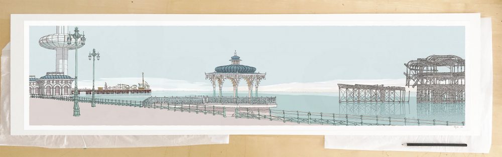 Fine art print by UK artist alej ez titled I360, Palace Pier, The Bandstand and West Pier Pebble Beach