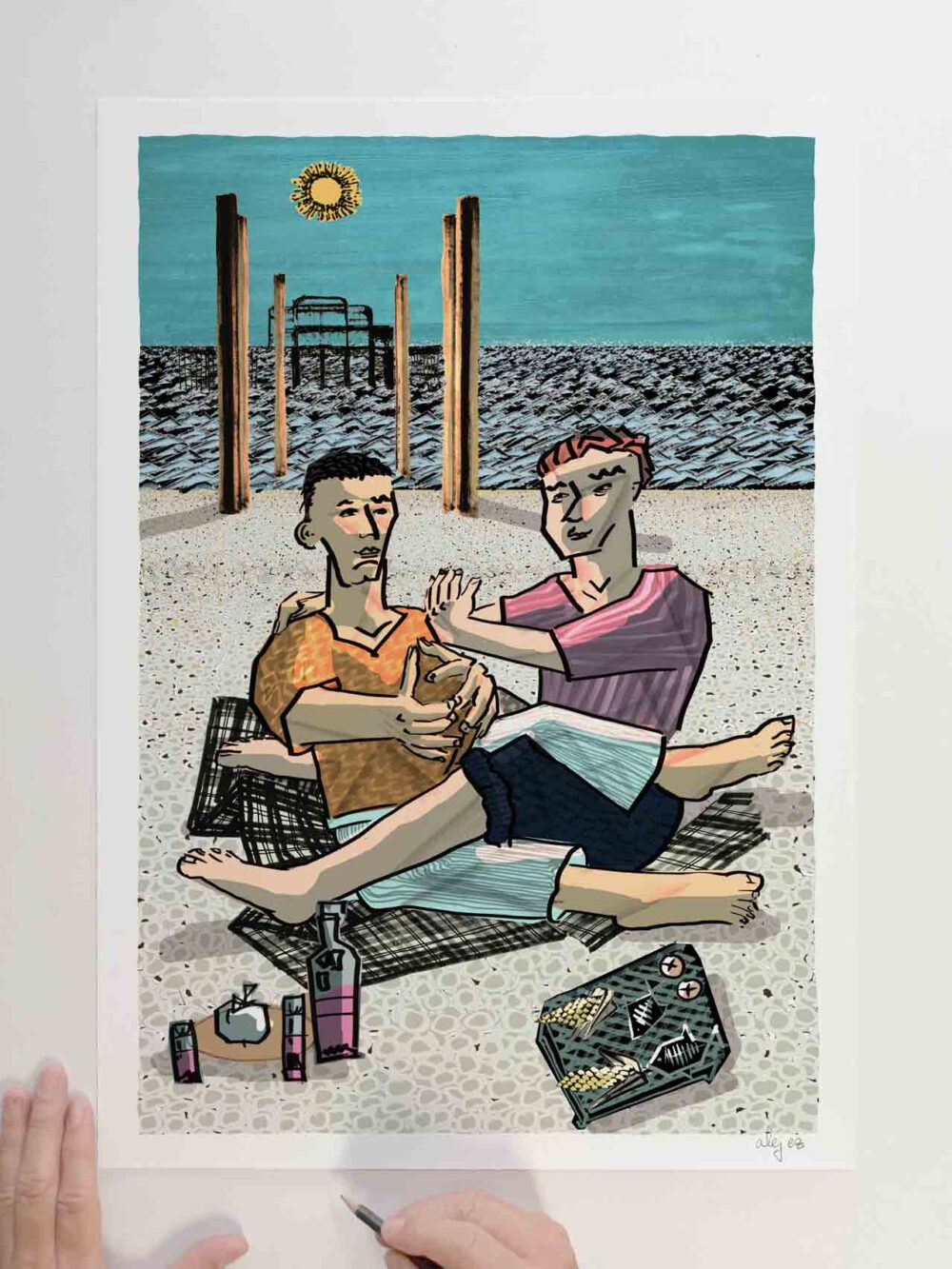 art print titled The Barbeque on Brighton Beach. The two Roberts by artist alej ez