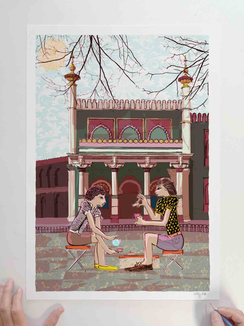 Art print titled Tea for Two at Pavilion Gardens by Brighton Museum by artist alej ez