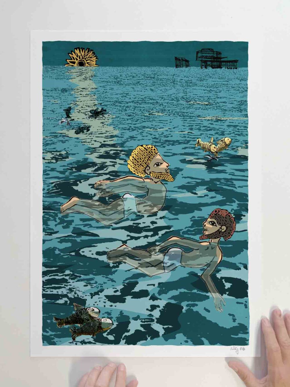 art print titled Two Swimmers by the West Pier by artist alej ez