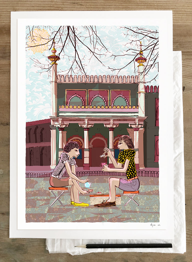 Art print titled Tea for Two at Pavilion Gardens by Brighton Museum by artist alej ez