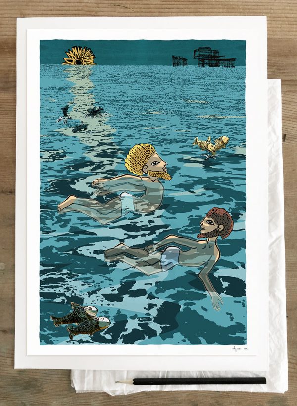 Art print by artist alej ez titled Two swimmers by the West Pier