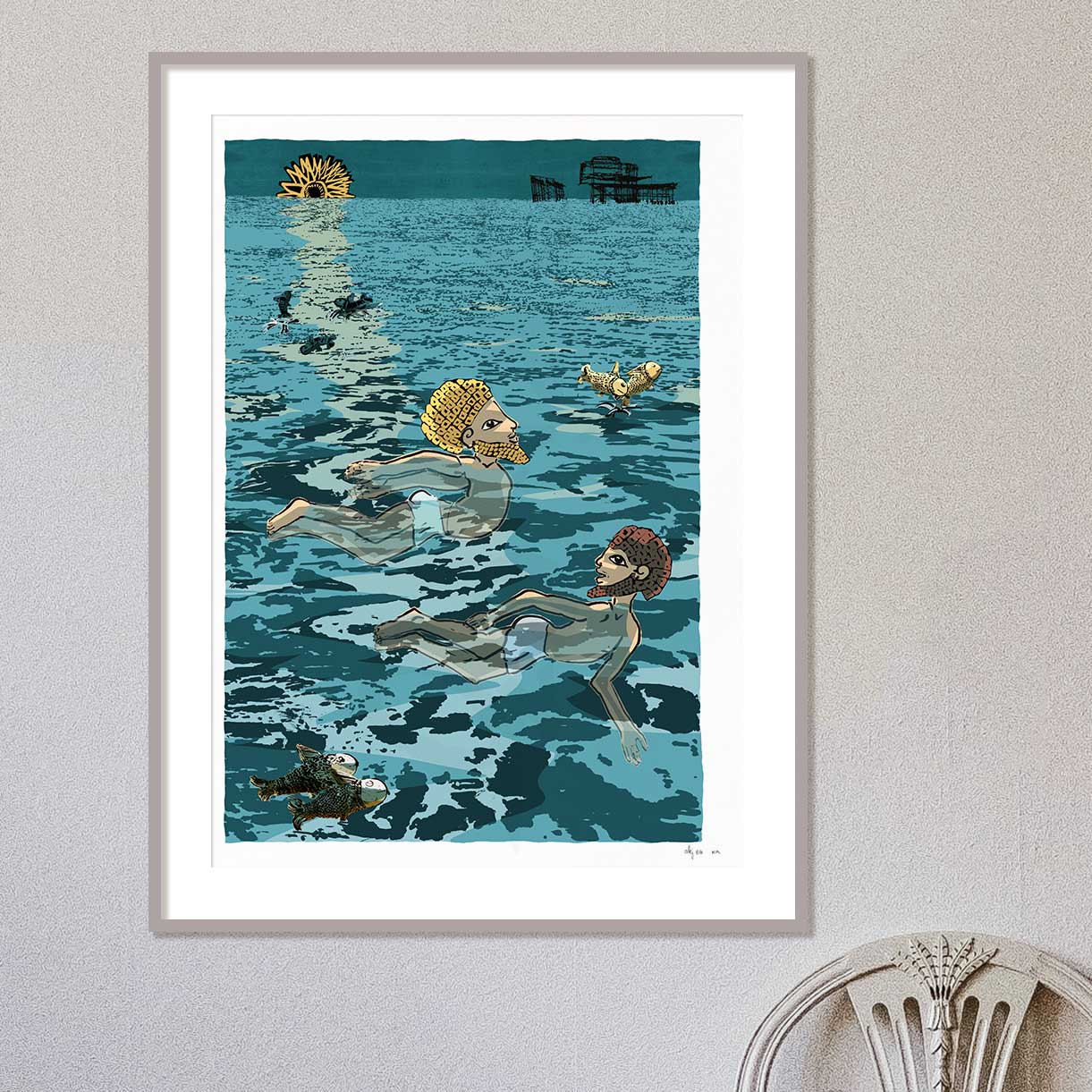 Framed art print by artist alej ez titled Two swimmers by the West Pier