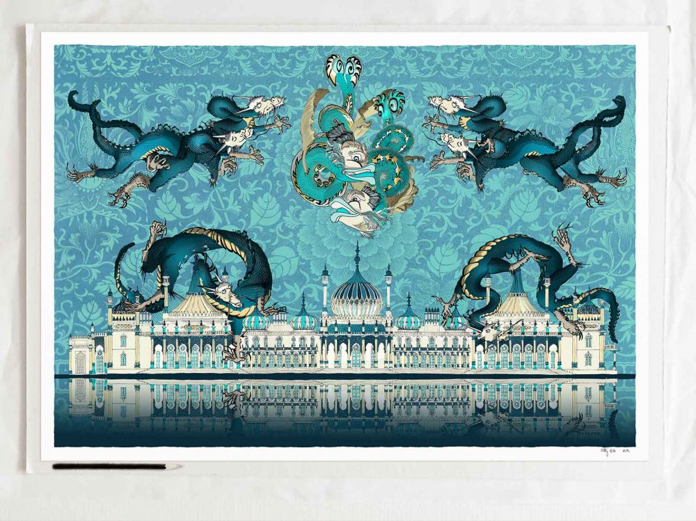 art print titled Brighton Royal Pavilion Chinese Dragons and Dolphins Crystal Blue by artist alej ez