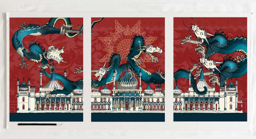 Art print by artist alej ez titled Dragon artwork Brighton Pavilion Crimson and Blue Samson Triptych