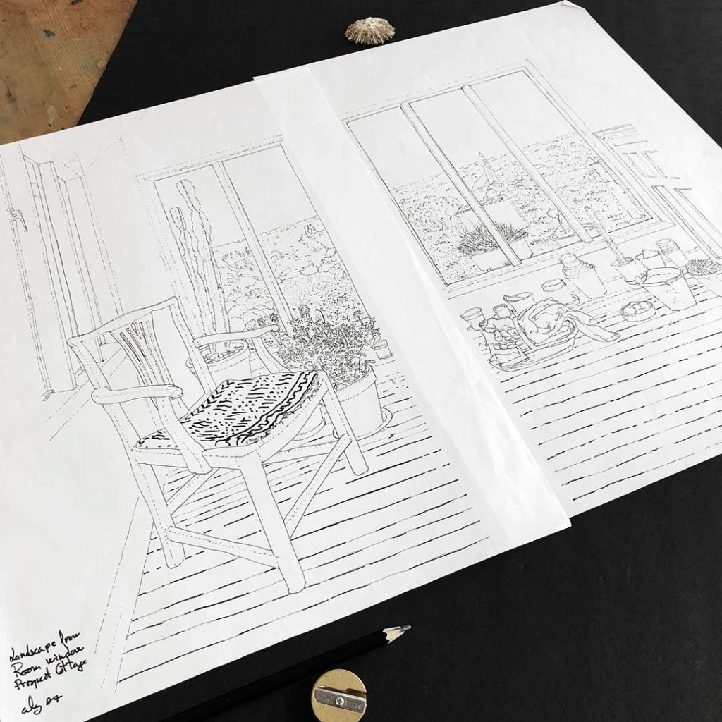 Prospect Cottage Garden Room print base ink drawing by artist alej ez