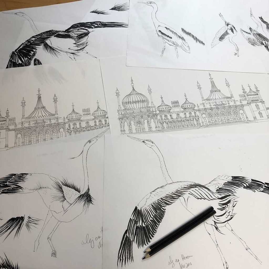 Heron Print Royal Pavilion Orient Nights base ink drawings