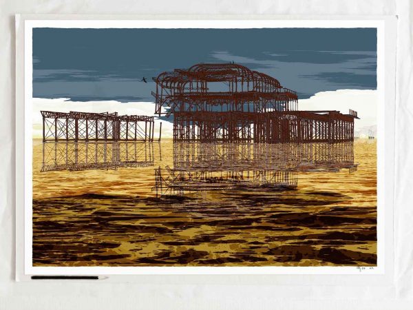 art print titled Brighton's West Pier Rampion Wind Farm Gold Sea by artist alej ez